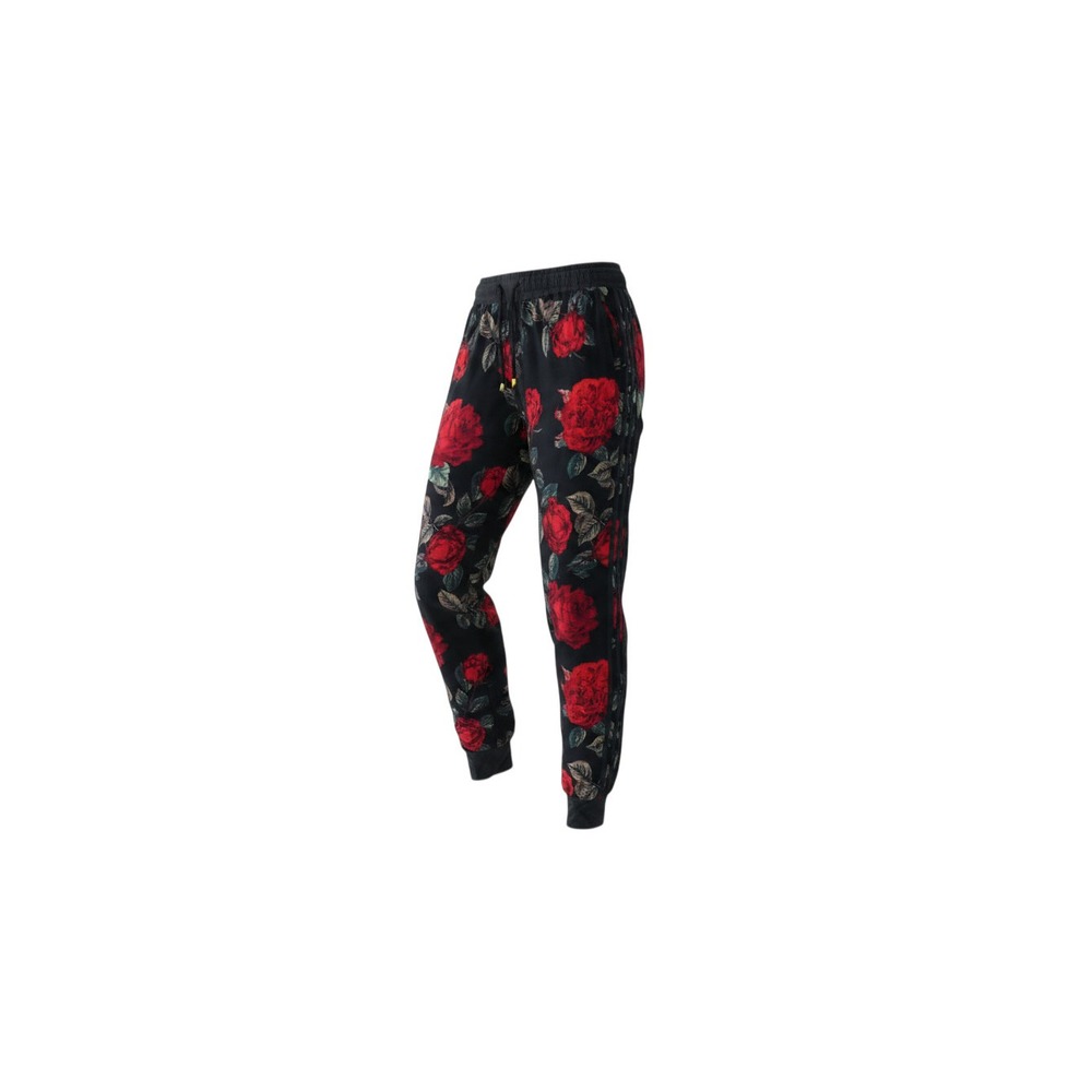 Indero Jogger Pants Womens L/XL Black Red Rose Floral Print Side Stripe